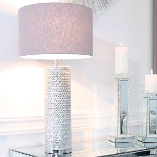Silver Glass Table Lamp With Grey Linen Shade