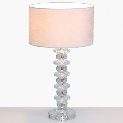 Stacked Ball Design Crystal Glass Table Lamp With A White Velvet Shade