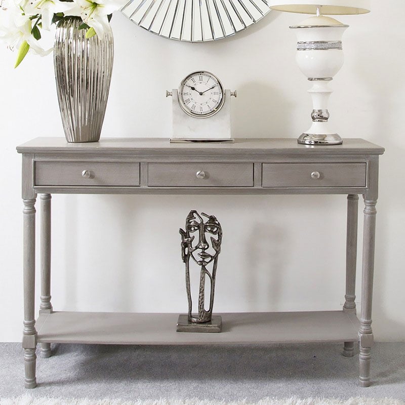 Arabella Taupe Wood Large 3 Drawer Console Table Hallway Table | Picture Perfect Home
