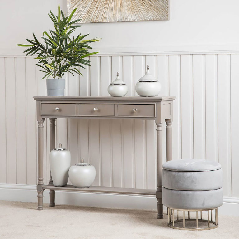 Arabella Taupe Wood Medium 3 Drawer Console Table Slim Hallway Table ...