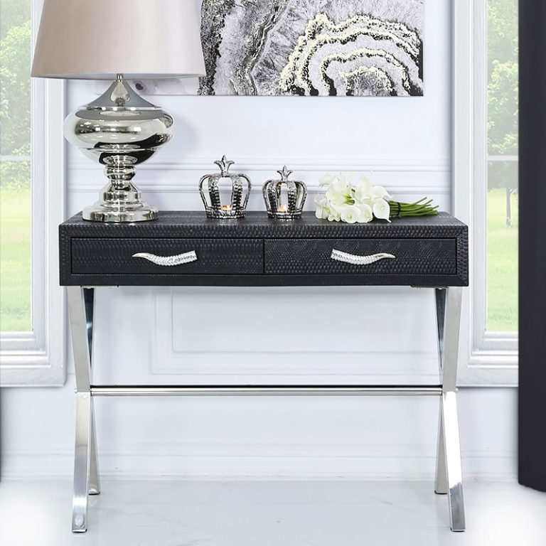 Black Faux Snakeskin Leather 2 Drawer Console Table