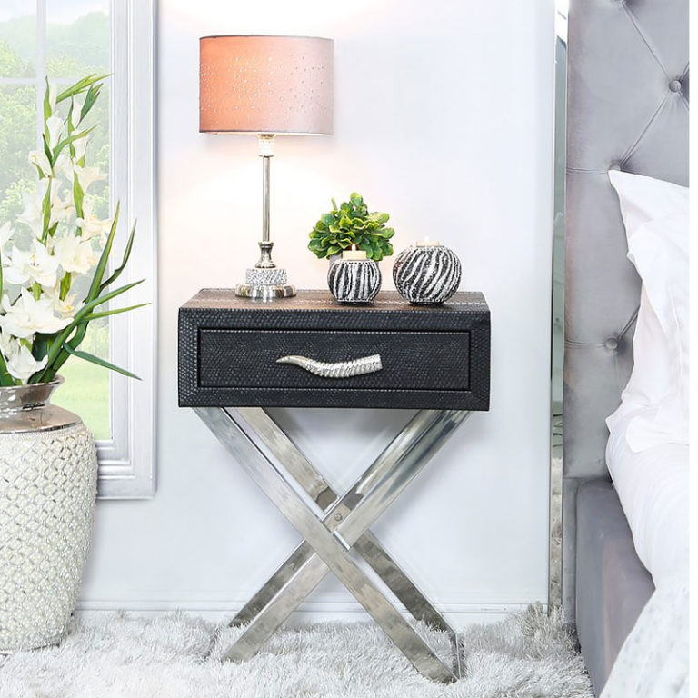 Black Faux Snakeskin Leather And Stainless Steel 1 Drawer End Table