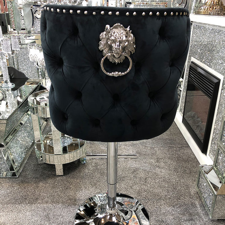 Diana Grey Velvet Upholstered Bar Stool Chrome Lion Knocker Tufted Back