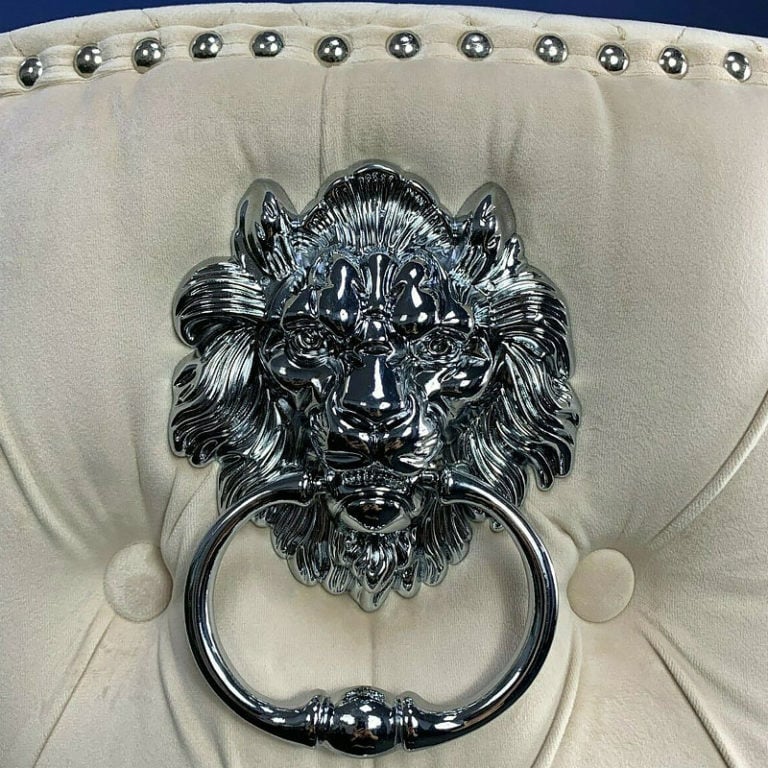 Diana Cream Mink Upholstered Bar Stool Chrome Lion Knocker Tufted Back
