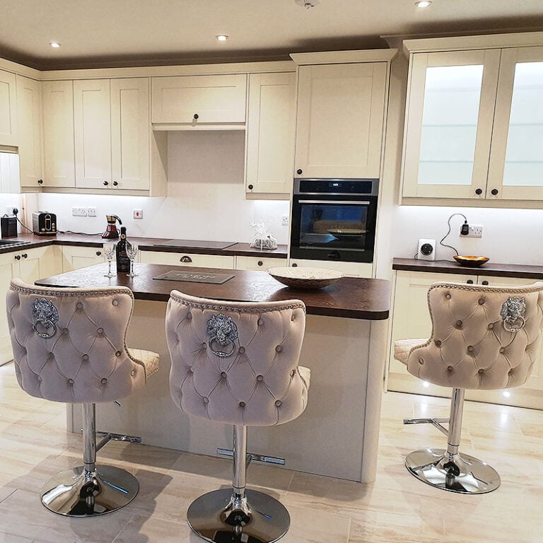 Diana Cream Mink Upholstered Bar Stool Chrome Lion Knocker Tufted Back