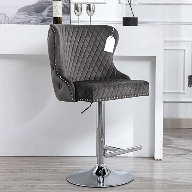 Diana Grey Velvet Upholstered Bar Stool Chrome Lion Knocker Tufted Back