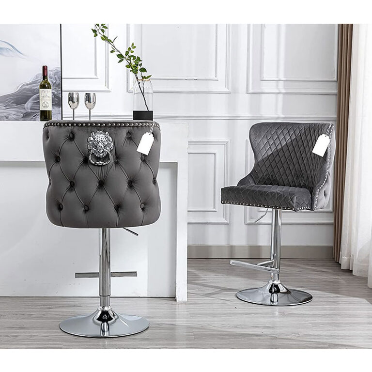 Diana Grey Velvet Upholstered Bar Stool Chrome Lion Knocker Tufted Back