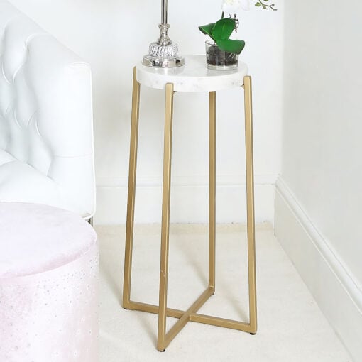 Gold And White Marble End Table Side Table With Cross Frame Base