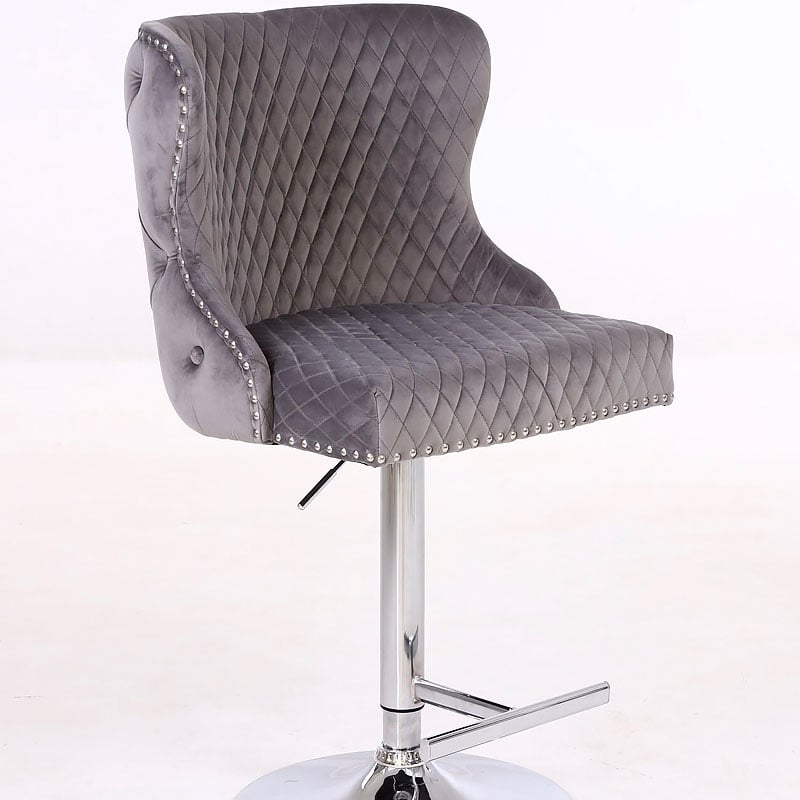 Diana Grey Velvet Upholstered Bar Stool, Adjustable Chrome Leg Bar Stool