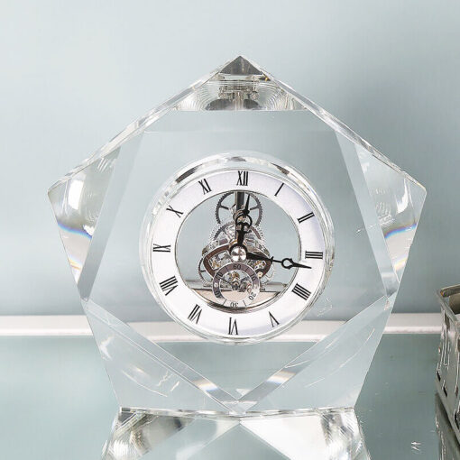 Heavy Clear Crystal Cut Glass Desk Mantle Table Clock Paperweight 17cm