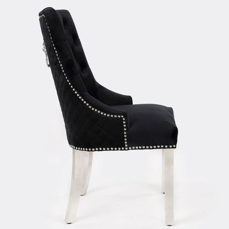 Set Of 2 Camilla Black Velvet And Chrome Dining Chairs With Lion Ring