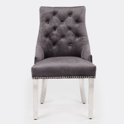 Camilla Grey Velvet And Chrome Dining Chair With Lion Ring Knocker