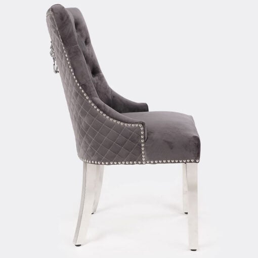 Camilla Grey Velvet And Chrome Dining Chair With Lion Ring Knocker
