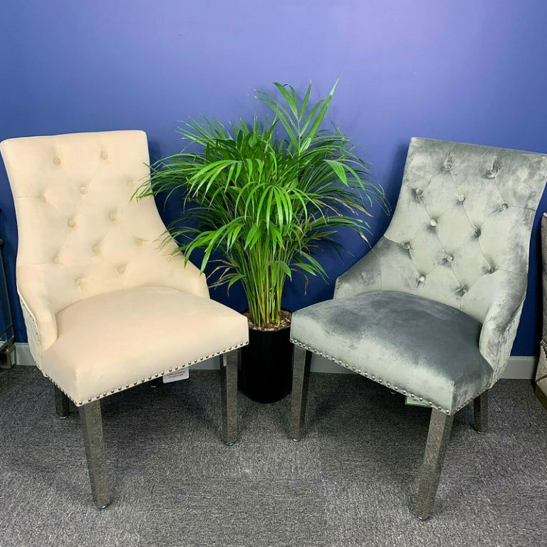 Camilla Mink Velvet And Chrome Dining Chair With Lion Ring Knocker