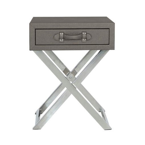 Pewter Faux Leather And Stainless Steel 1 Drawer End Table Side Table