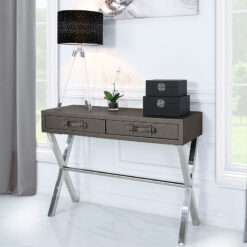 Pewter Faux Leather And Stainless Steel 2 Drawer Console Hallway Table