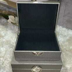 Set of 2 Pewter Faux Leather Jewellery Storage Trinket MakeUp Boxes