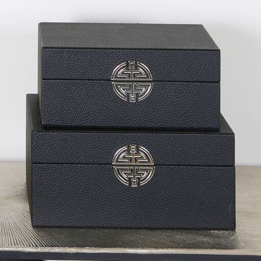 Set of 2 Textured Black Faux Leather Jewellery Storage Makeup Boxes