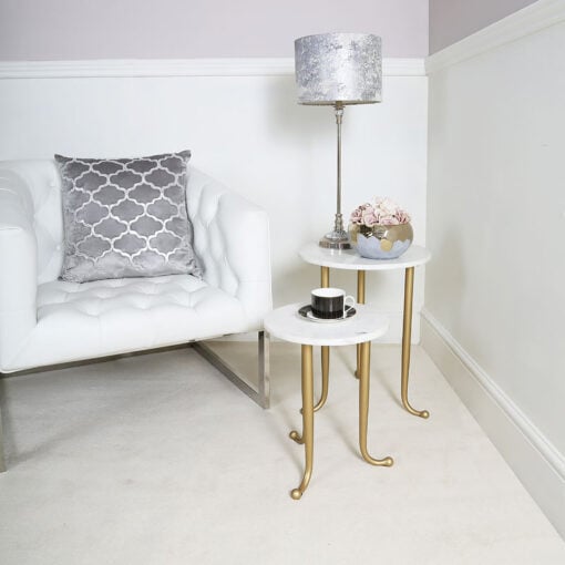Set of 2 White And Gold Nesting Tables End Tables With Marble Tops