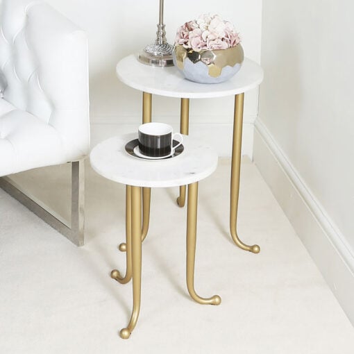 Set of 2 White And Gold Nesting Tables End Tables With Marble Tops