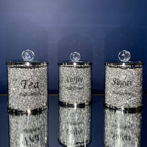 Silver Diamond Glitz Crystal Tea Coffee Sugar Set Of 3 Storage Jars