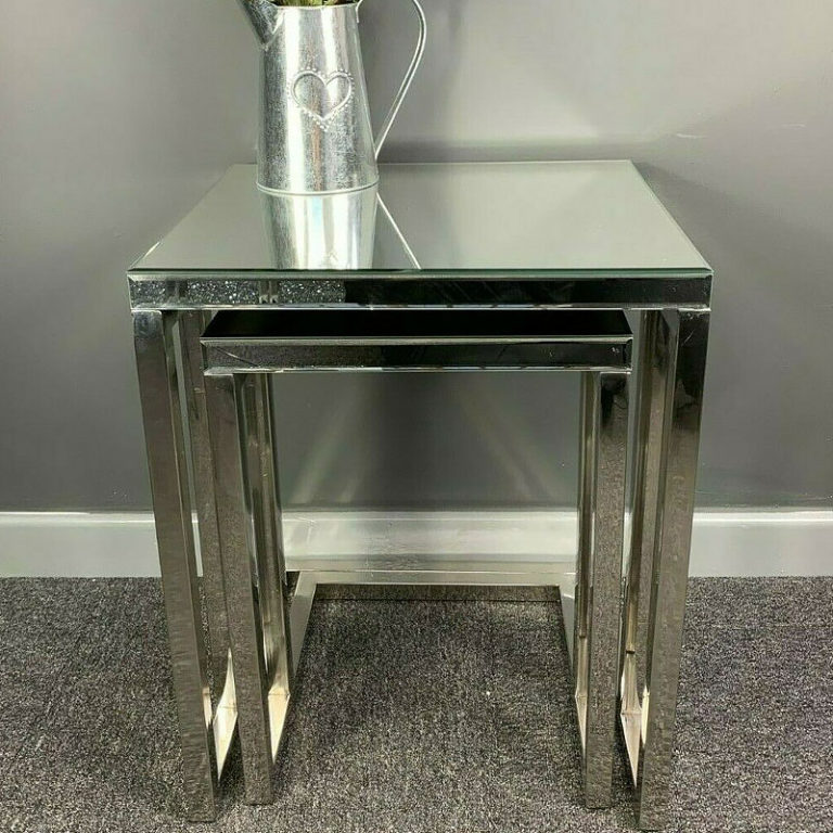 Silver Sparkly Stainless Steel 2 Mirrored Nest Of Tables End Table