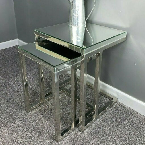 Silver Sparkly Stainless Steel 2 Mirrored Nest Of Tables End Table