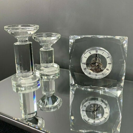 Square Clear Crystal Cut Glass Desk Mantle Table Clock Paperweight