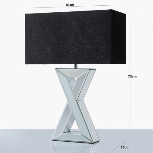 X Shape Mirrored Table Lamp With Black Snakeskin Velvet Shade 72cm