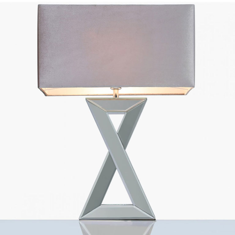 X Shape Mirrored Table Lamp With Rectangle Grey Velvet Shade 72cm
