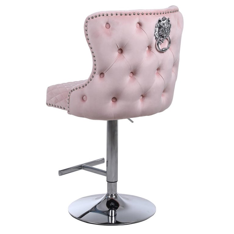 Diana Pink Velvet Upholstered Bar Stool Chrome Lion Knocker Tufted Back