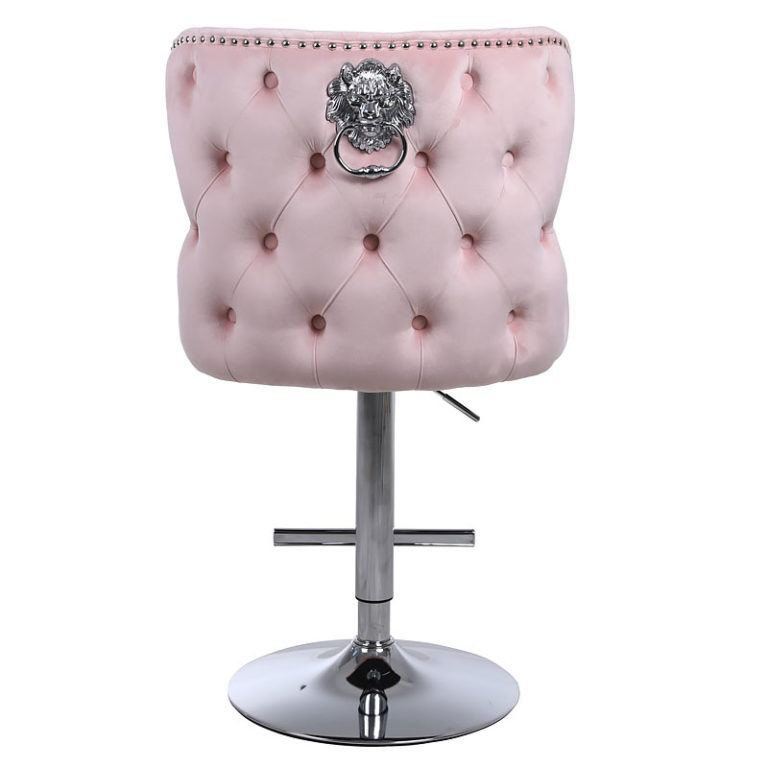 Diana Pink Velvet Upholstered Bar Stool Chrome Lion Knocker Tufted Back