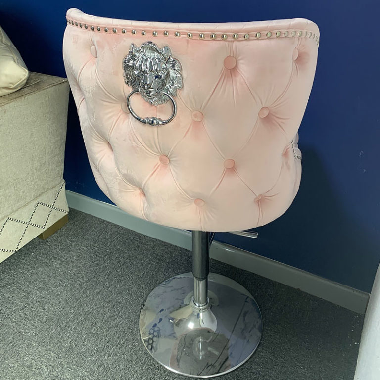 Diana Pink Velvet Upholstered Bar Stool Chrome Lion Knocker Tufted Back