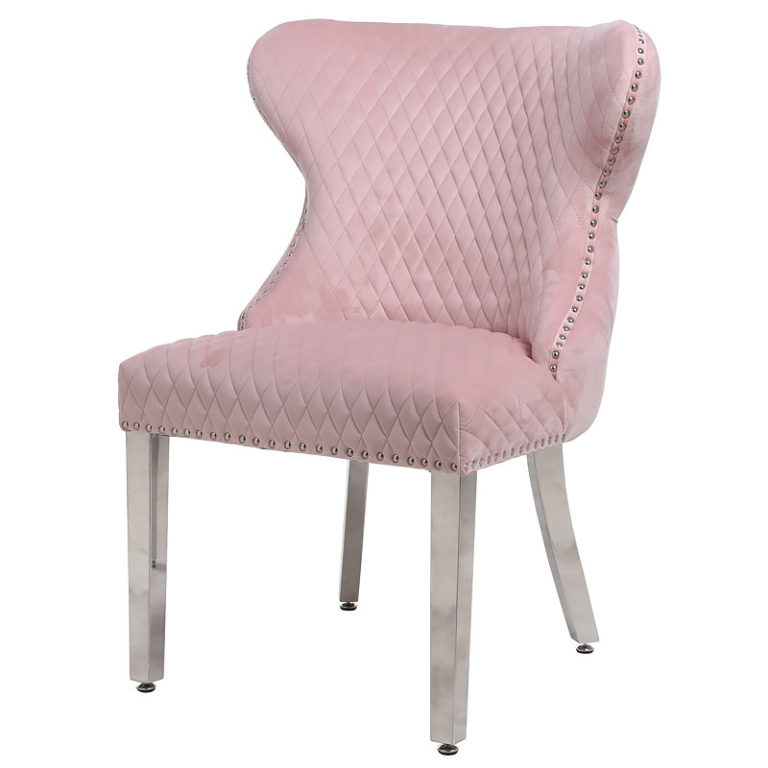 Set Of 2 Diana Wide Pink Velvet And Chrome Dining Chairs With Lion Ring