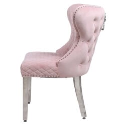 Diana Wide Pink Velvet And Chrome Dining Chair With Lion Ring Knocker