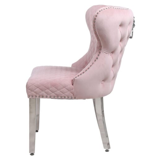 Diana Wide Pink Velvet And Chrome Dining Chair With Lion Ring Knocker