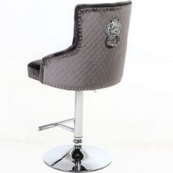 Grey Fabric And Chrome Upholstered Bar Stool With A Lion Ring Knocker