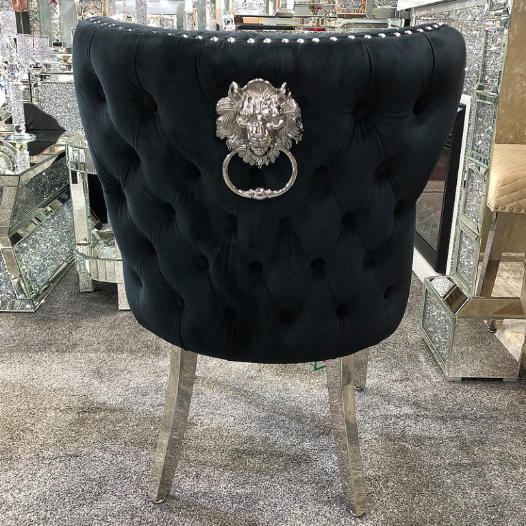 Set Of 2 Diana Wide Black Velvet And Chrome Dining Chairs With Lion