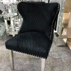 Wide Black Velvet And Chrome Dining Chair With Lion Ring Knockers