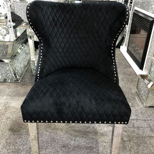 Diana Wide Black Velvet And Chrome Dining Chair With Lion Ring Knocker