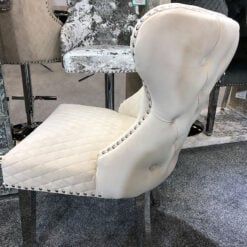 Wide Cream Mink Velvet And Chrome Dining Chair With Lion Ring Knocker