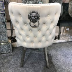 Wide Cream Mink Velvet And Chrome Dining Chair With Lion Ring Knocker