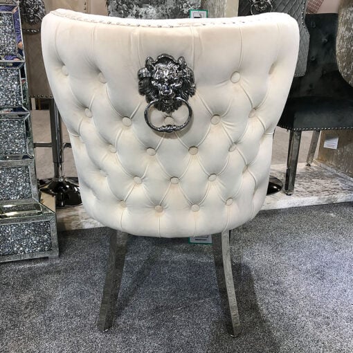 Diana Wide Mink Velvet And Chrome Dining Chair With Lion Ring Knocker