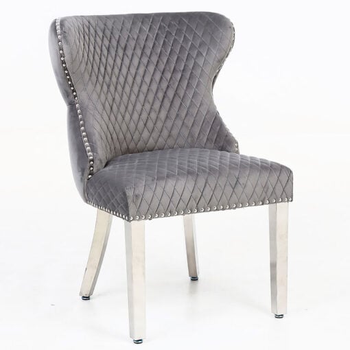 Diana Wide Grey Velvet And Chrome Dining Chair With Lion Ring Knocker