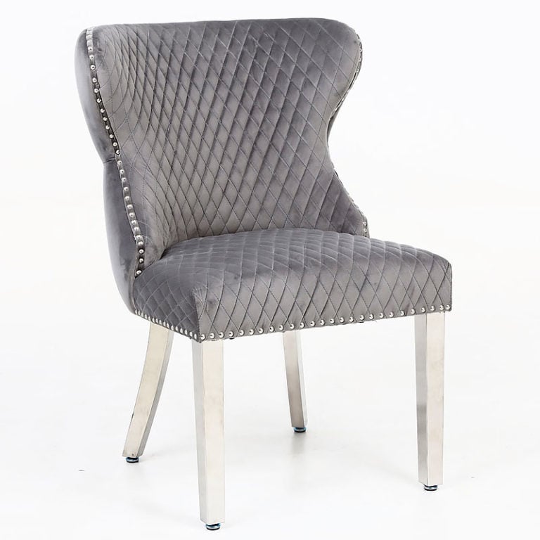 Felicity Silver Velvet Dining Chair With Chrome Legs And Ring Knocker