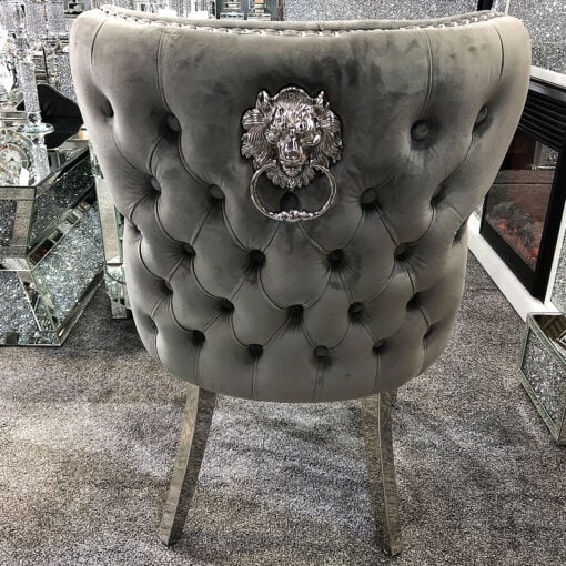 Diana Wide Grey Velvet And Chrome Dining Chair With Lion Ring Knocker