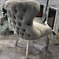 Wide Grey Velvet And Chrome Dining Chair With Lion Ring Knocker