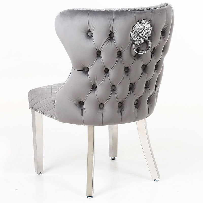 Velvet Chair With Lion Knocker, Gray Velvet Side Chair