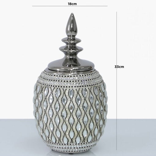 Silver And White Ceramic And Diamantes Ginger Jar Vase With A Lid 33cm
