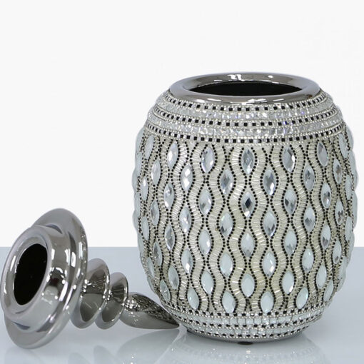 Silver And White Ceramic And Diamantes Ginger Jar Vase With A Lid 33cm